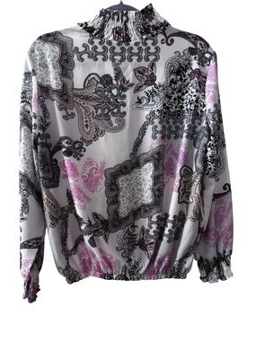 Paisley Mock Neck Blouse in Pink & White